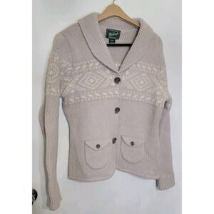 Woolrich Fair Isle Lambs Wool Stone Cardigan Sweater Womens Large